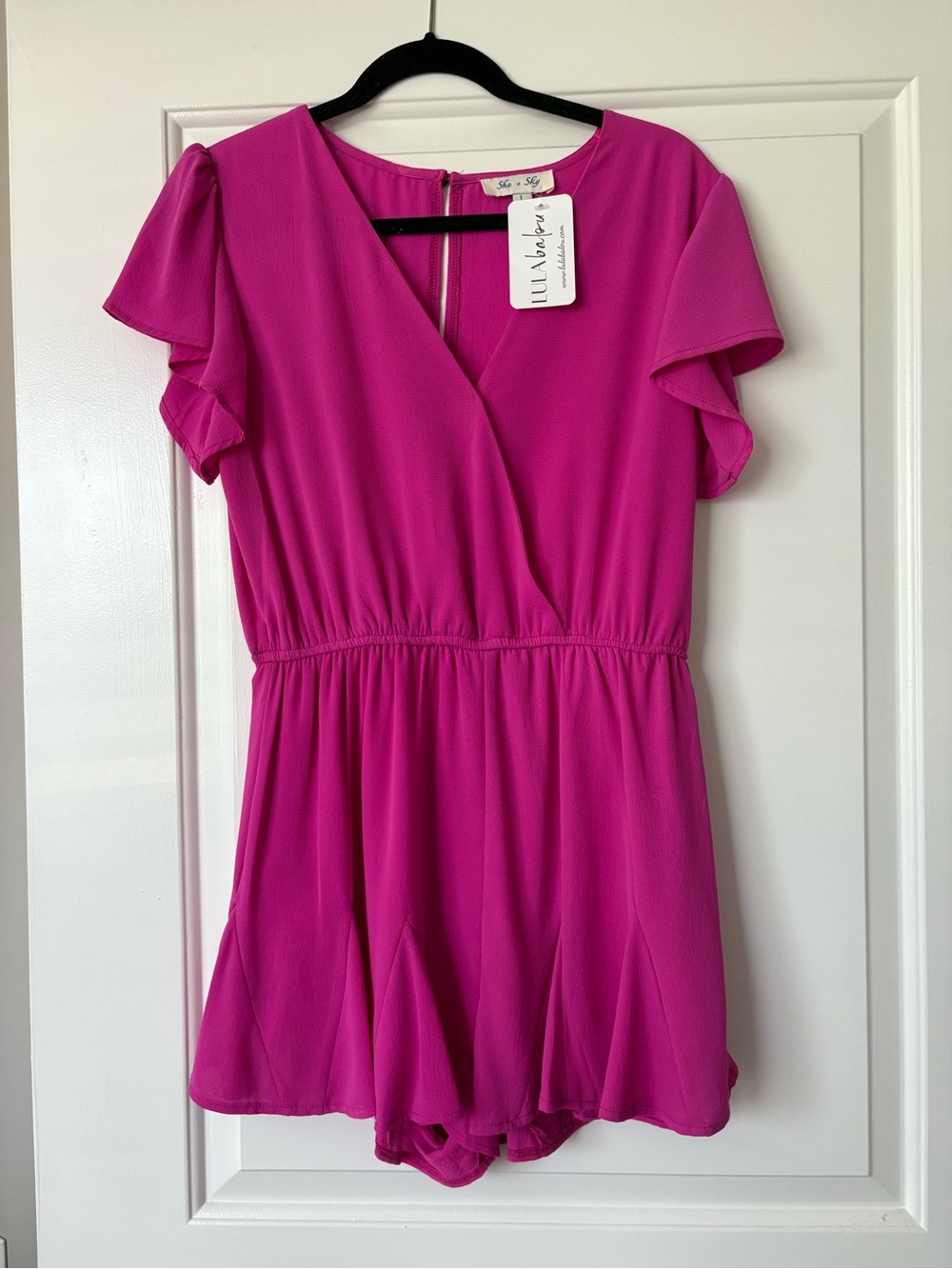 Women's Magenta V-Neck Short Flutter Sleeve Romper